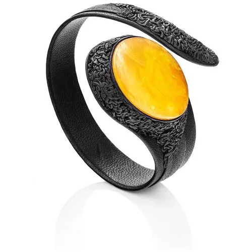 Amberholl Эффектный браслет из натуральной кожи «Змейка» с янтарной вставкой медового цвета