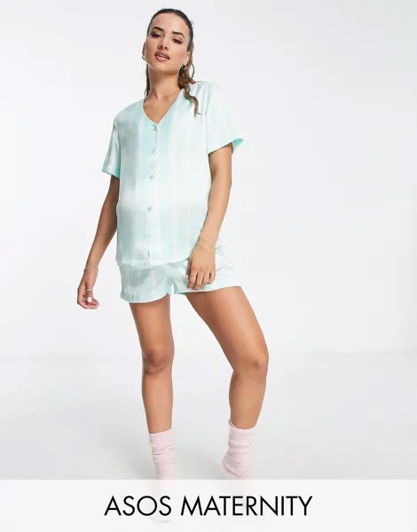 Эксклюзивная атласная рубашка в полоску и короткая пижама мятного цвета ASOS DESIGN Maternity