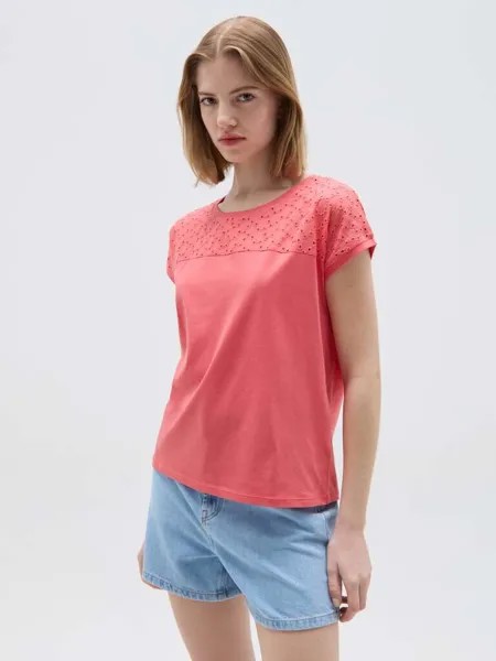 Футболка из хлопка с сангальо Ovs, цвет coral pink