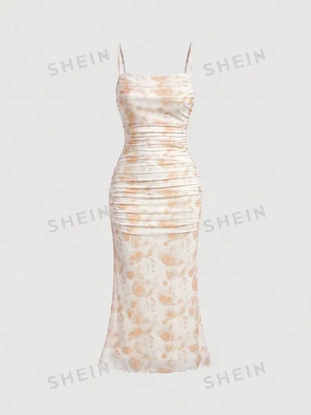 SHEIN MOD Плиссированное платье-комбинация с цветочным принтом и рюшами по подолу, желтый