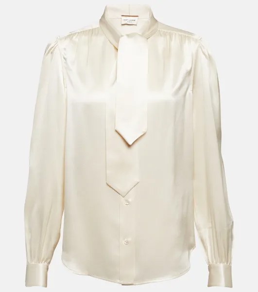 Блузка из шелкового атласа с завязками на воротнике Saint Laurent, белый