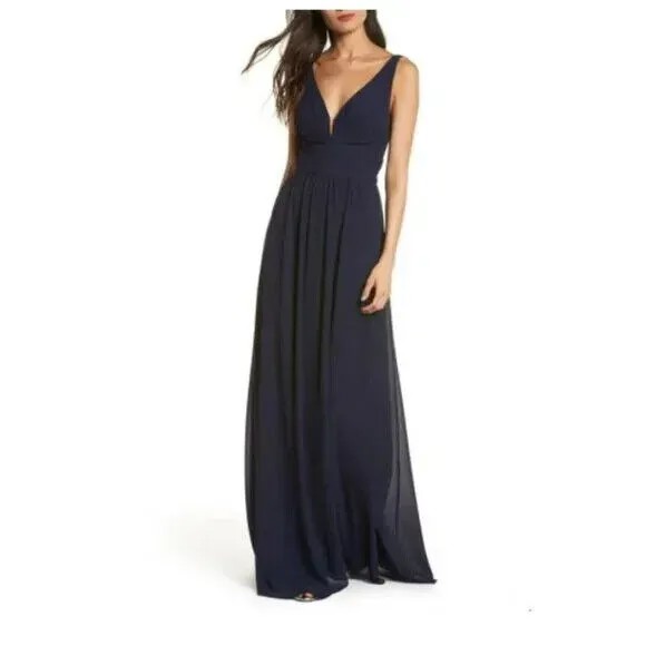 LULUS Темно-синее шифоновое платье-трапеция с v-образным вырезом и рюшами, платье макси для подружки невесты XS ALTRD