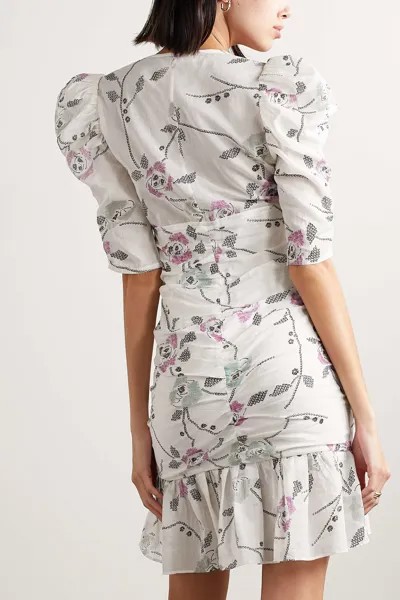 ISABEL MARANT ÉTOILE платье мини Galdino со сборками и цветочным принтом из хлопка и вуали, белый