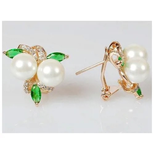 Серьги Lotus Jewelry, жемчуг Swarovski синтетический, белый, зеленый