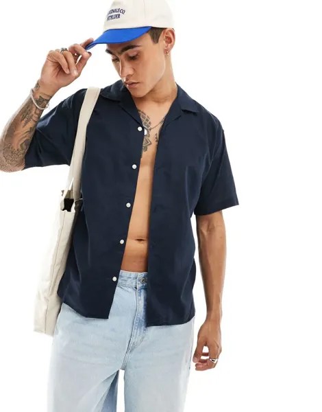 Темно-синяя льняная рубашка с воротником-стойкой Jack & Jones