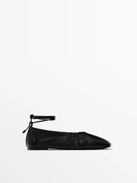Балетки на шнуровке со сборками Massimo Dutti, черный