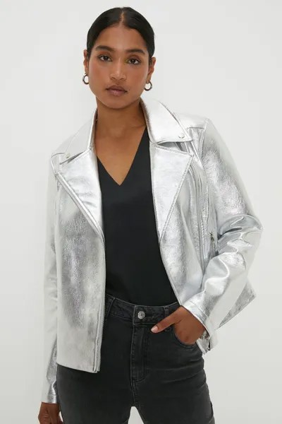 Байкерская куртка из искусственной кожи цвета металлик Dorothy Perkins, серебро