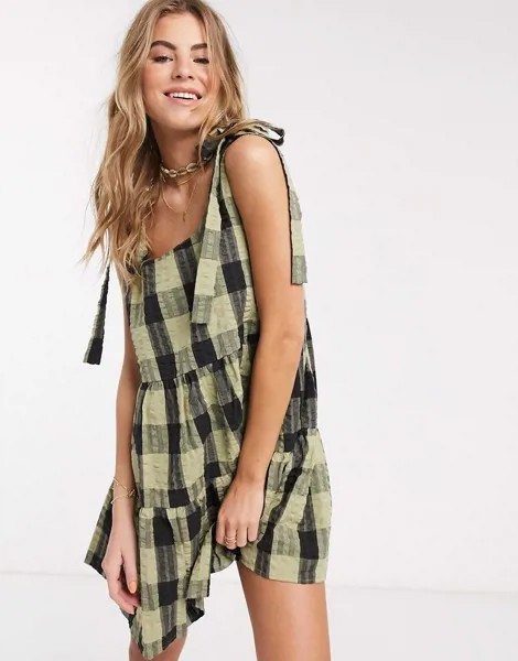 Ярусный свободный сарафан мини в клетку ASOS DESIGN-Мульти