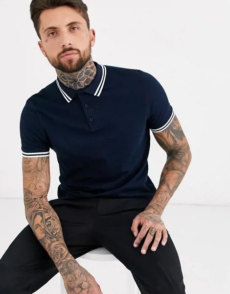 Темно-синяя футболка-поло из пике с окантовкой ASOS DESIGN-Темно-синий