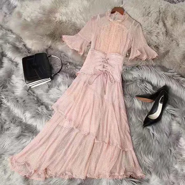 Женское дизайнерское платье с кружевными оборками, элегантные платья розового и черного цветов с расклешенными рукавами, лето 2021