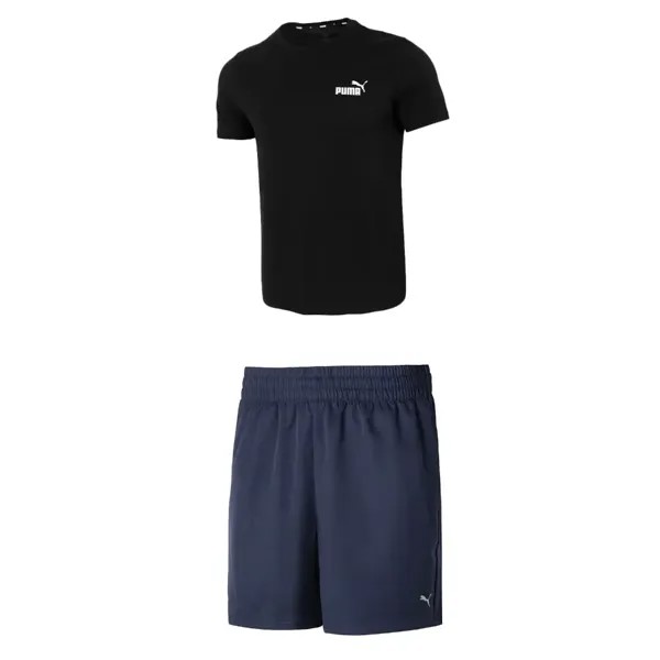 Повседневный спортивный мужской костюм черная рубашка + синие шорты Puma, черный