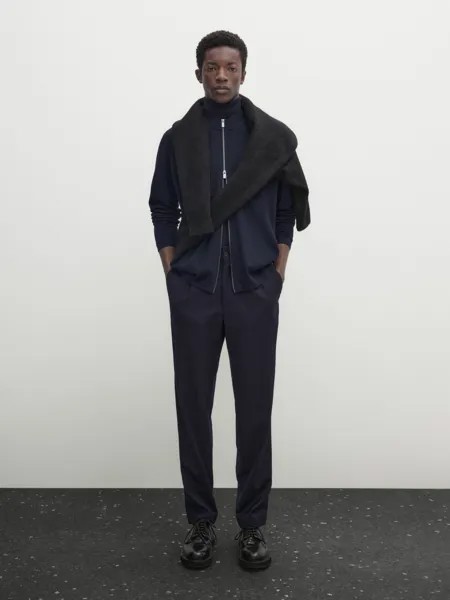 Трикотажный кардиган из 100% мериносовой шерсти на молнии Massimo Dutti, темно-синий