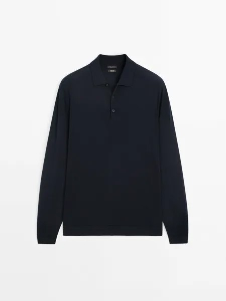 Свитер с воротником-поло из 100% мериносовой шерсти Massimo Dutti, синий
