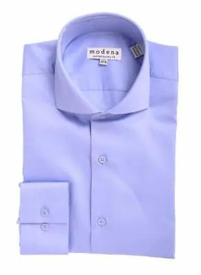 Мужская приталенная однотонная синяя классическая рубашка из хлопковой смеси с раздвинутым воротником