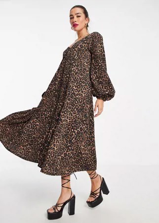 Текстурированное свободное платье миди с V-образным вырезом и леопардовым принтом ASOS DESIGN-Разноцветный