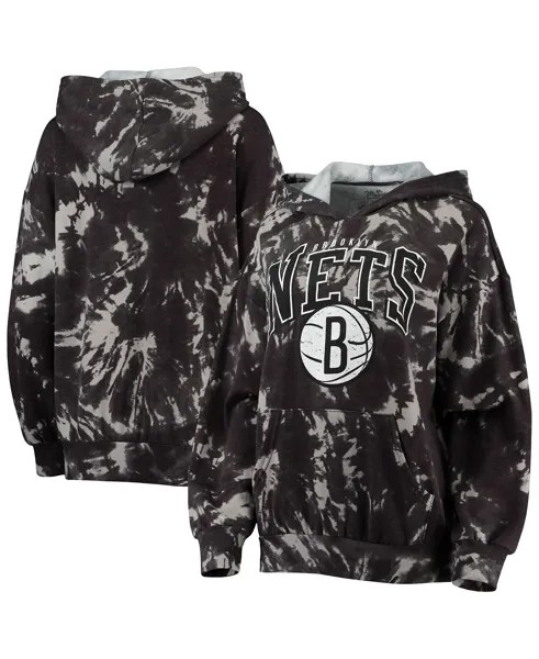 Женский черный пуловер с капюшоном Brooklyn Nets Burble Tie-Dye Tri-Blend Majestic, черный