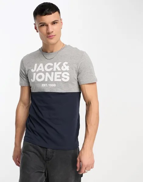 Светло-серая и темно-синяя футболка в стиле колор-блок Jack & Jones