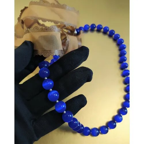 Бусы CoolStone, кошачий глаз, длина 48 см, синий, бежевый