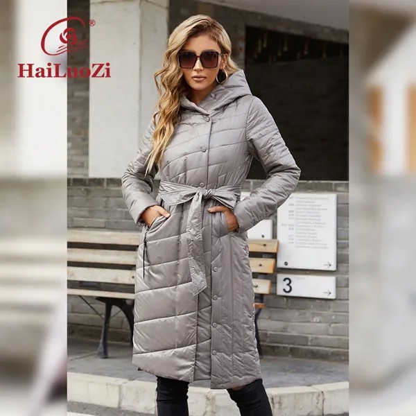 Куртка HaiLuoZi Женская длинная, модное пальто с диагональным поясом, с капюшоном и большими карманами, Повседневная парка 73, весна-осень