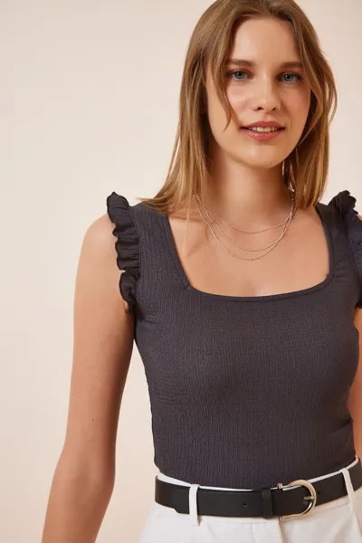 Женская трикотажная блузка антрацитового цвета с квадратным воротником и рюшами Happiness İstanbul, серый