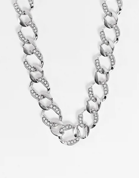Серебристое ожерелье-цепочка с крупными звеньями и стразами ASOS DESIGN-Серебряный