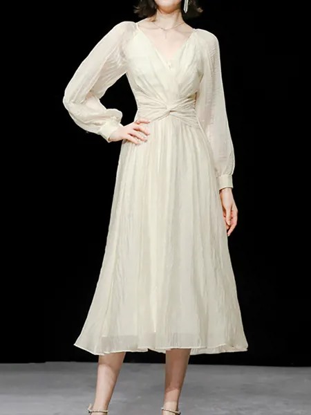 Женское вечернее платье на молнии [DEAT], абрикосовое свободное платье абрикосового цвета с глубоким V-образным вырезом и длинным рукавом, с кл...