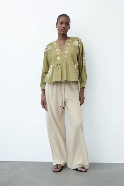 Блузка оверсайз с вышивкой Zara, светлый хаки