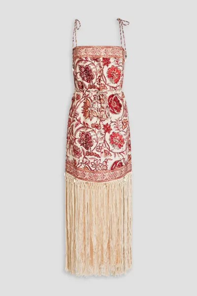 Платье макси из льна и макраме с бахромой и цветочным принтом Zimmermann, кирпич