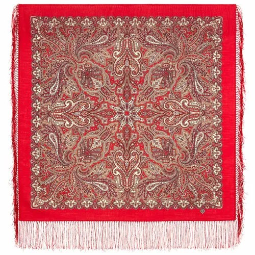 Платок Павловопосадская платочная мануфактура,89х89 см, бежевый, красный