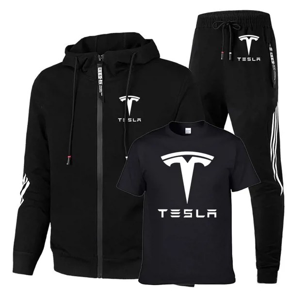 Мужские костюмы с принтом логотипа Tesla Car, весенние высококачественные хлопковые Модные полосатые хлопковые мужские свитшоты + футболка + сп...