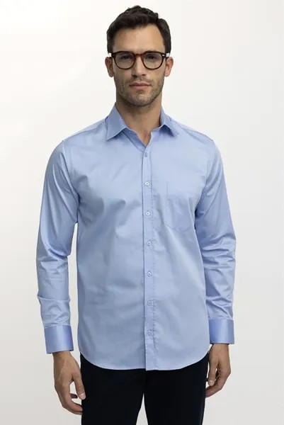 Классический крой, свободный крой, хлопковая атласная мужская рубашка синего цвета TUDORS