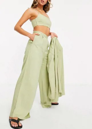 Зеленые выбеленные льняные брюки с широкими штанинами ASOS DESIGN-Зеленый цвет