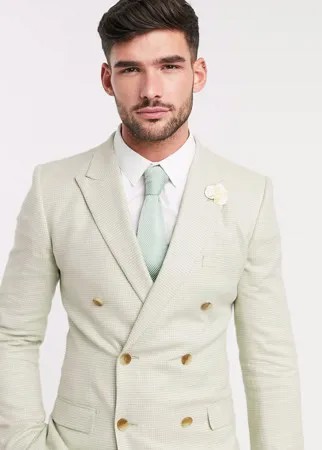 Облегающий двубортный пиджак из хлопка и льна мятного цвета в ломаную клетку ASOS DESIGN wedding-Зеленый
