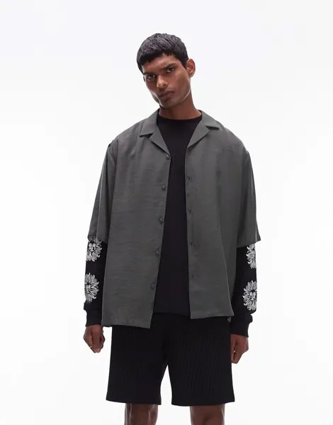 Свободная атласная рубашка с короткими рукавами Topman цвета хаки