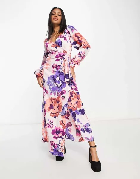 Ликерное атласное платье макси с масштабным цветочным принтом Liquorish