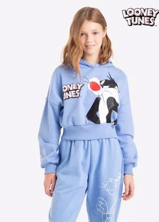 Голубое укороченное худи с принтом Looney Tunes для девочки Gloria Jeans