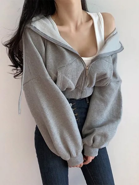 Женские короткие толстовки Lilian, однотонный свитшот, спортивный костюм, женский укороченный Топ с длинным рукавом, модная Корейская одежда в...