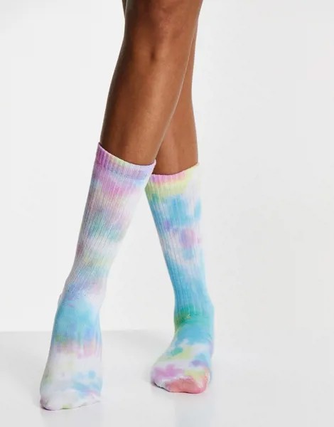 Высокие носки в рубчик с разноцветным принтом тай-дай ASOS DESIGN-Разноцветный