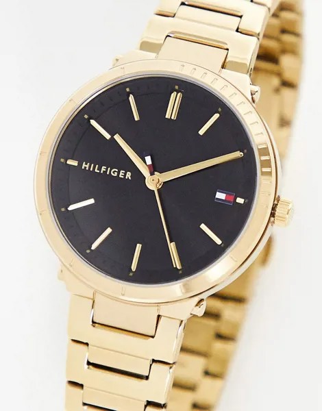 Золотистые женские часы-браслет с черным циферблатом Tommy Hilfiger-Золотистый