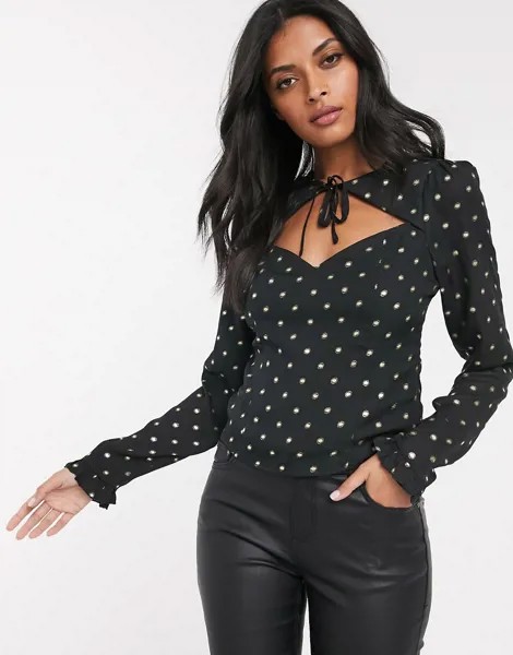 Блузка в золотистый горошек с завязкой Fashion Union-Черный цвет