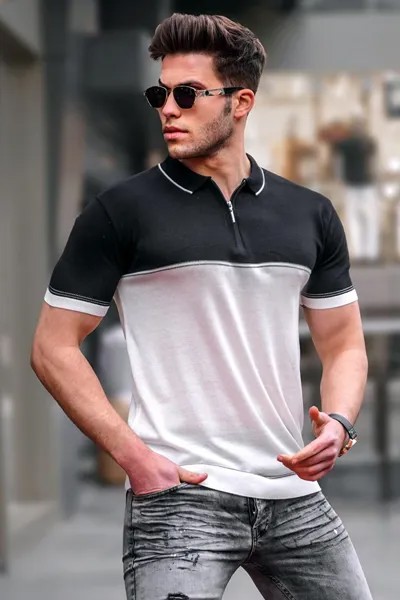 Белая мужская трикотажная футболка с воротником-поло на молнии 5731 MADMEXT