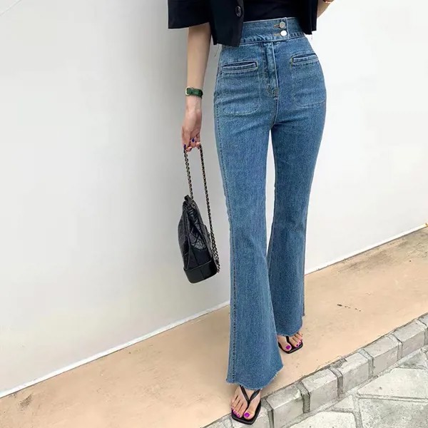 Женские джинсы, летние тонкие облегающие брюки-клеш с двумя пуговицами и высокой талией для женщин, уличная одежда, модные корейские брюки ...