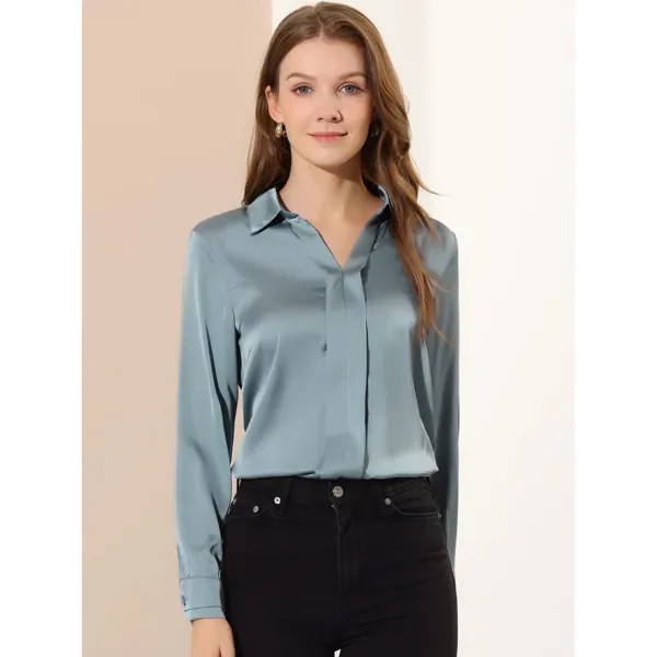 Женская элегантная однотонная атласная блузка с длинным рукавом и V-образным вырезом ALLEGRA K, темно-синий