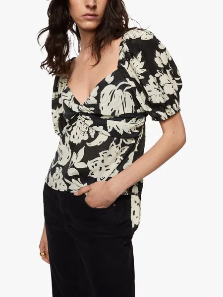 Блуза с цветочным принтом Mango Lorena, черный/белый