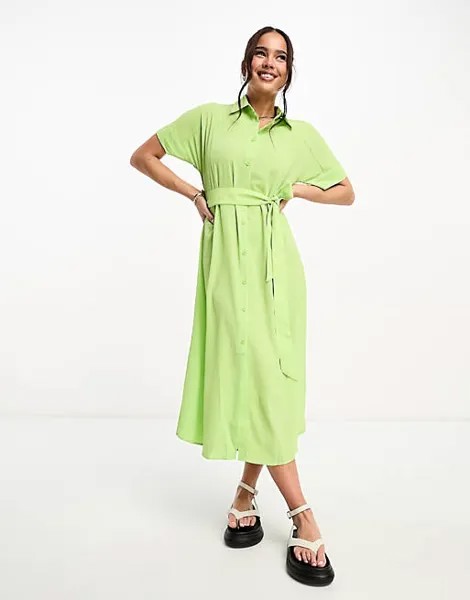 Зеленое платье-рубашка миди Monki с завязкой на талии