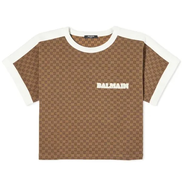Balmain mini укороченная футболка с монограммой, коричневый