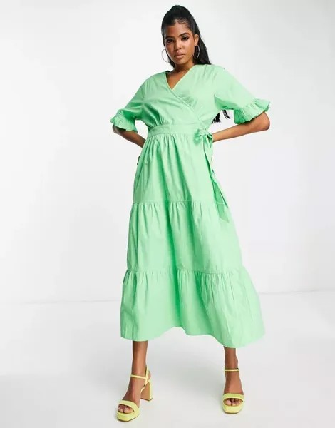 Эксклюзивное зеленое ярусное платье миди с запахом In The Style x Jac Jossa