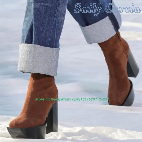 Ботинки женские замшевые однотонные на платформе, модельные полусапожки на массивном каблуке, с квадратным носком, молния сбоку, модная обувь для подиума, коричневые, зима