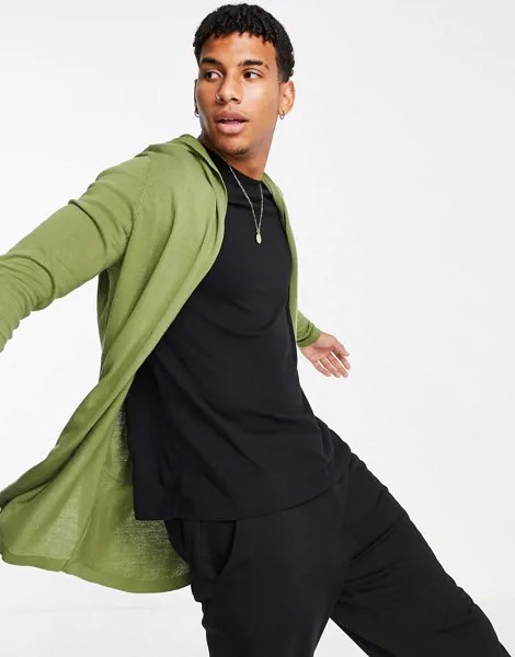 Трикотажный кардиган цвета хаки с капюшоном ASOS DESIGN-Зеленый цвет