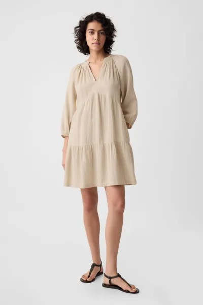 Каскадное мини-платье с длинными рукавами из жатого хлопка Gap, бежевый